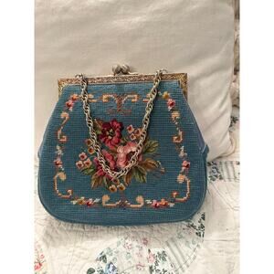 VINTAGE SIXTIES BLUE NEEDLEPOINT BAG W/ CHAIN HANDLE